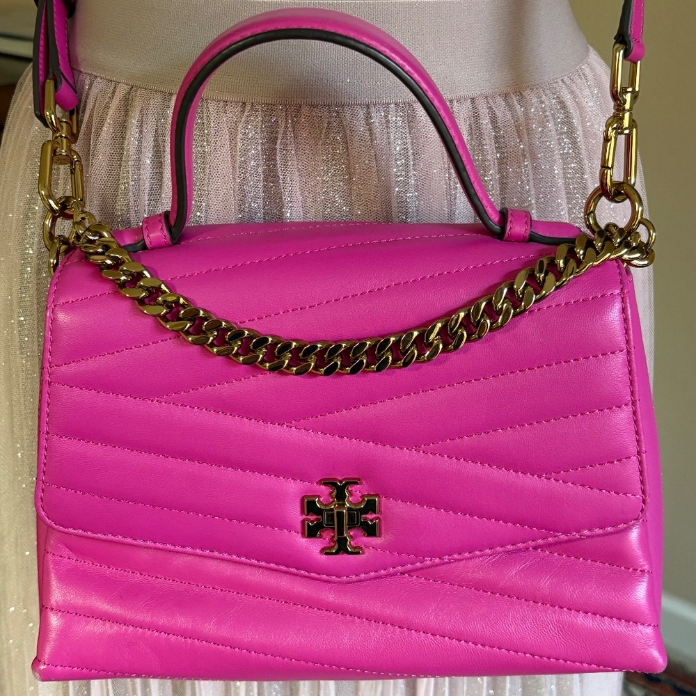 Tory Burch Kira Chevron Top Handle Shoulder Bag Hot Pink Gold Hardware